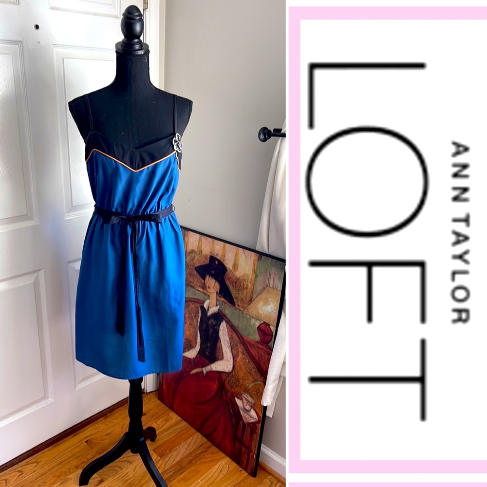 LOFT Blue Black Spaghetti Strap Belted Midi Dress Size 6